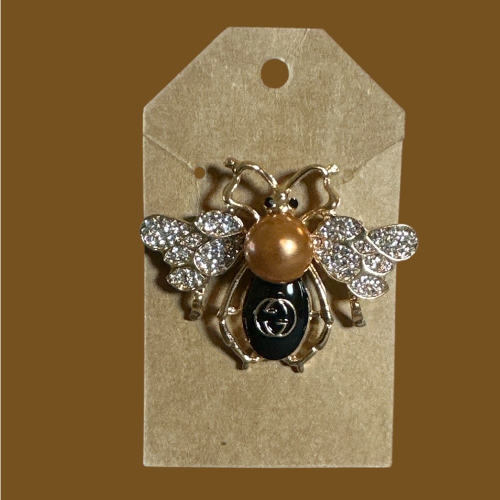Gold and Black Bee Fashion Brooch with Crystals. - Picture 3 of 3